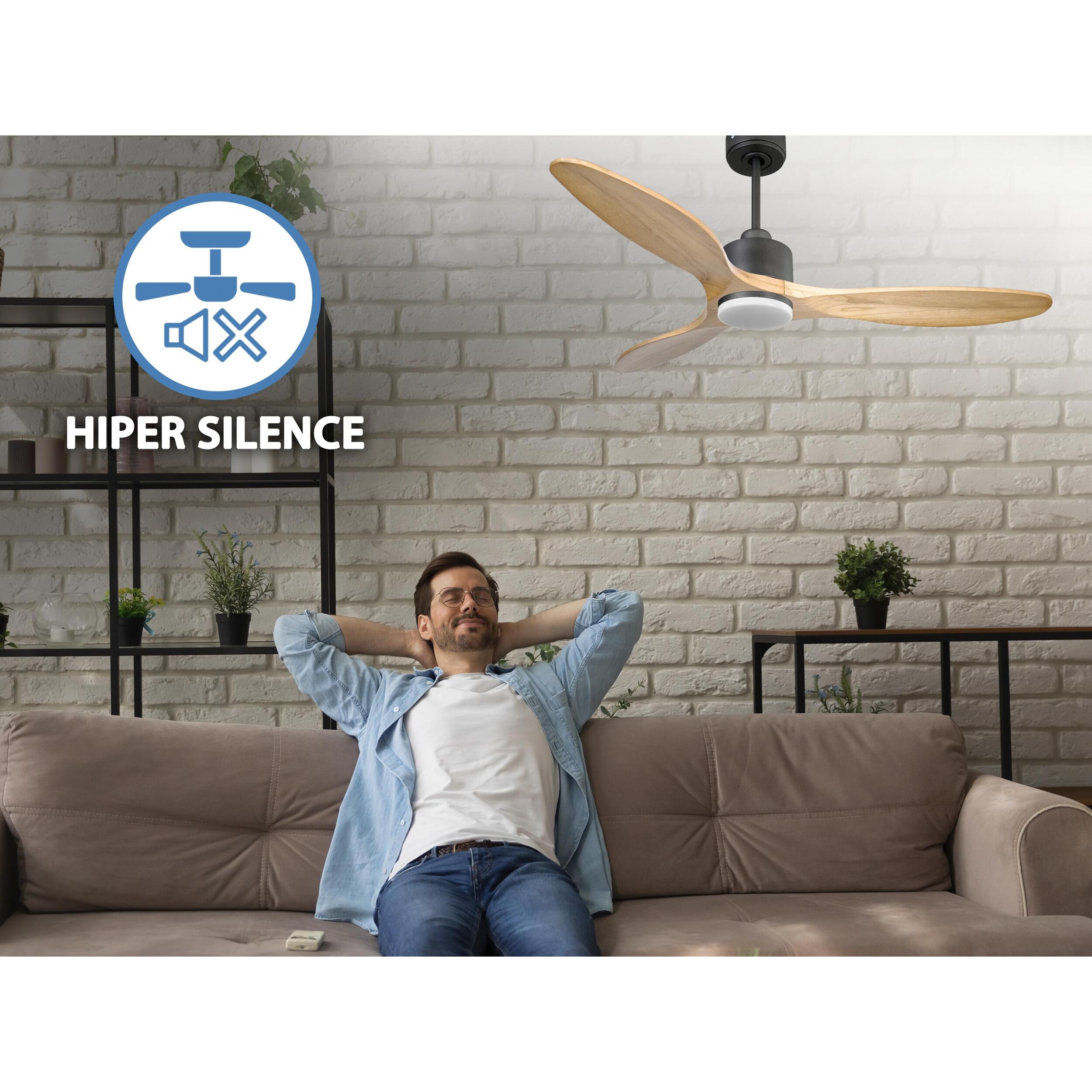 Ventilador de techo Reversible Termostato Dimable Wifi Motor DC Techos Inclinados Mando a Distancia Luz tres tonos Hypersilence Memoria SalamisD132C03LED65260 PURLINE