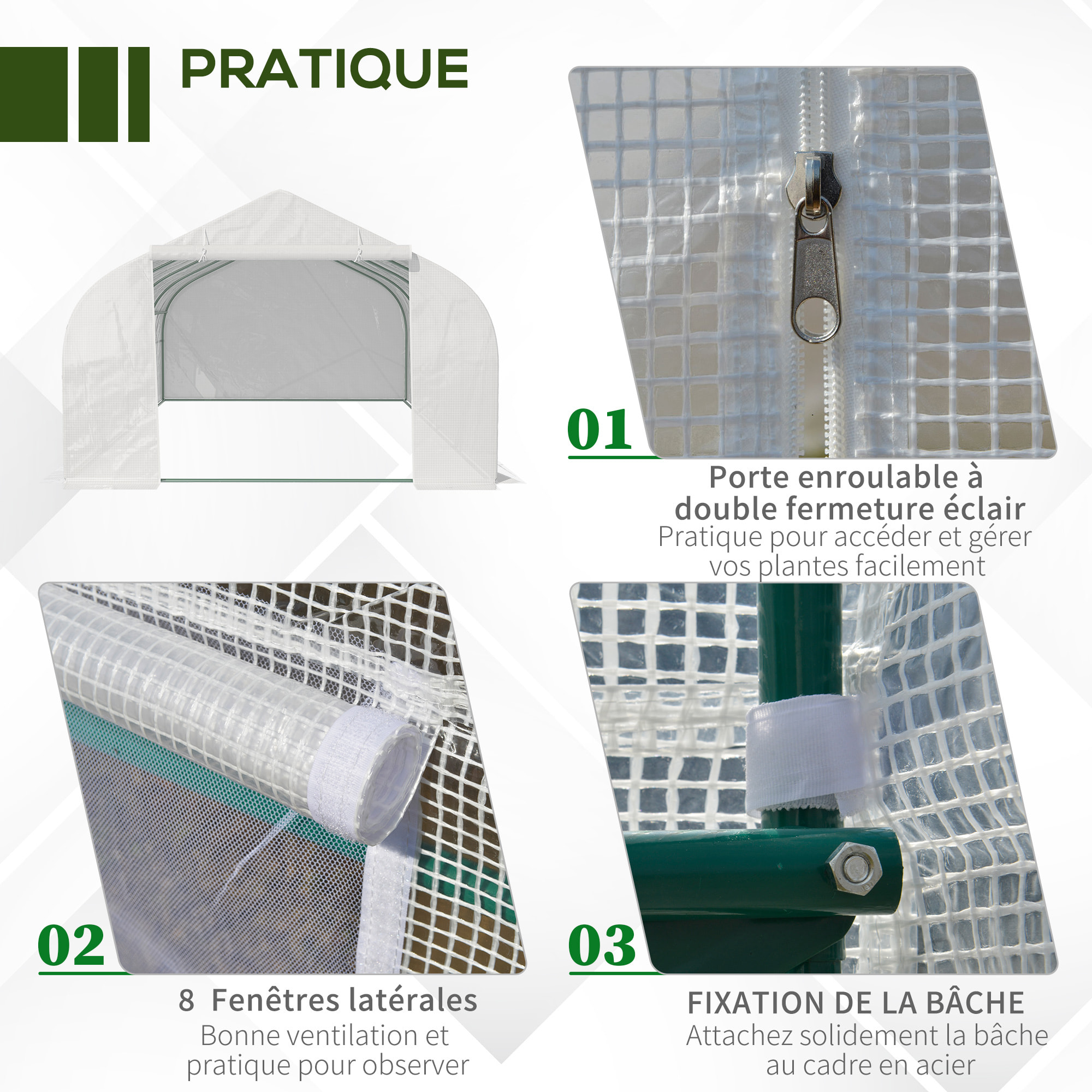 Serre tunnel de jardin dim. 5,93L x 3l x 2H m porte + 8 fenêtres enroulables acier galvanisé bâche PE haute densité blanc