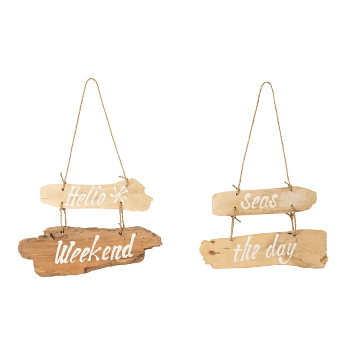 J-Line Pancarte Hello Weekend + Seas The Day Bois Flotte Naturel Assortiment De 2