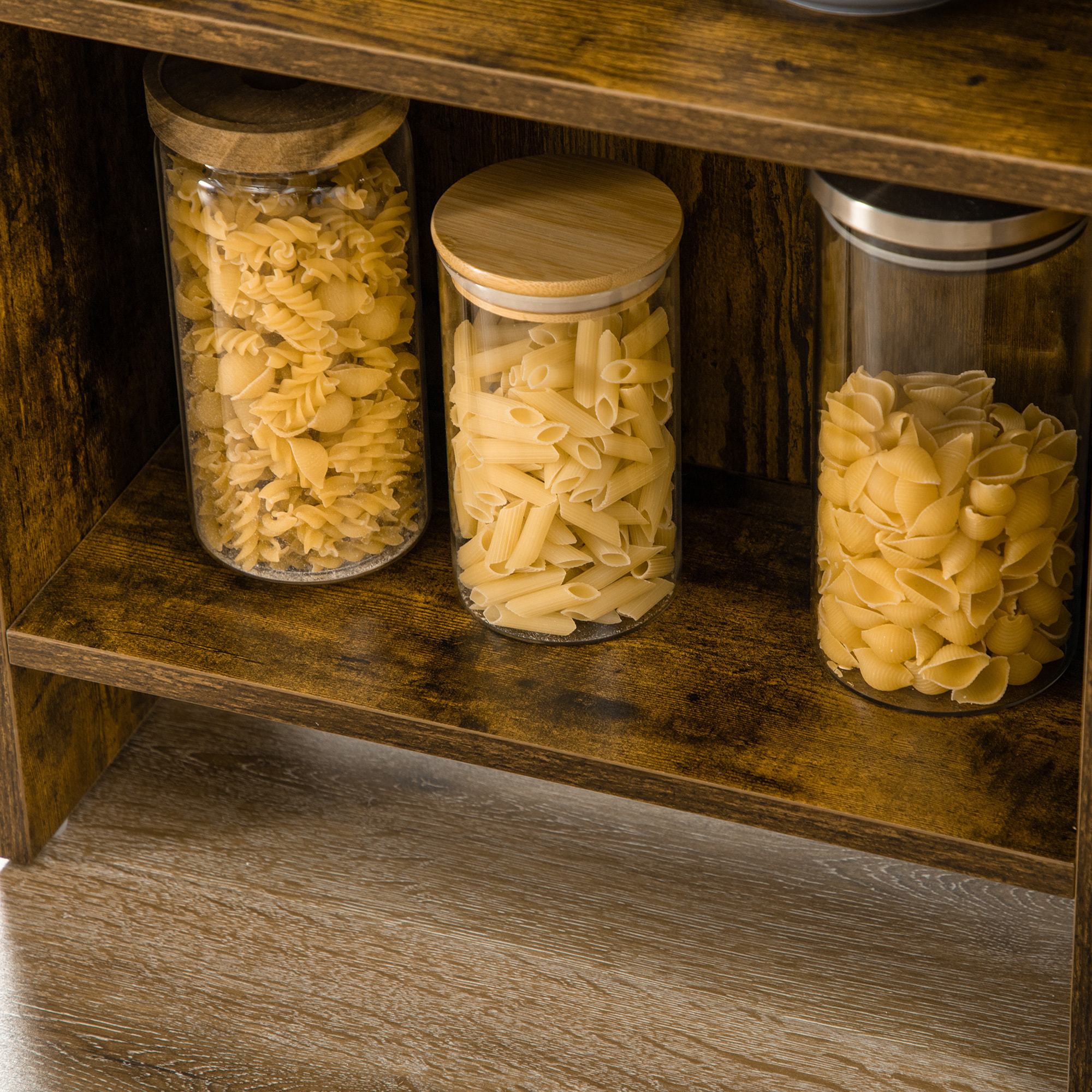 Table de bar extensible design industriel - 3 étagères intégrées - châssis métal noir aspect bois vieilli