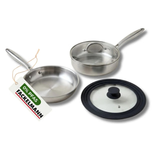 Set de 2 poêles de cuisson 24/24 cm en acier inoxydable avec 1 couvercle de cuisson universel Fackelmann Vita3