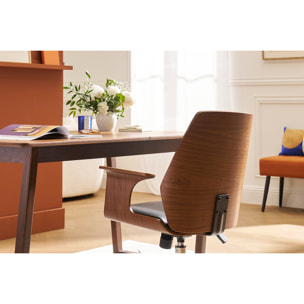 Chaise de bureau à roulettes design noir, bois foncé noyer et acier chromé RUFIN