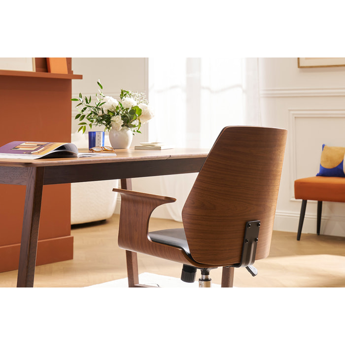 Chaise de bureau à roulettes design noir, bois foncé noyer et acier chromé RUFIN