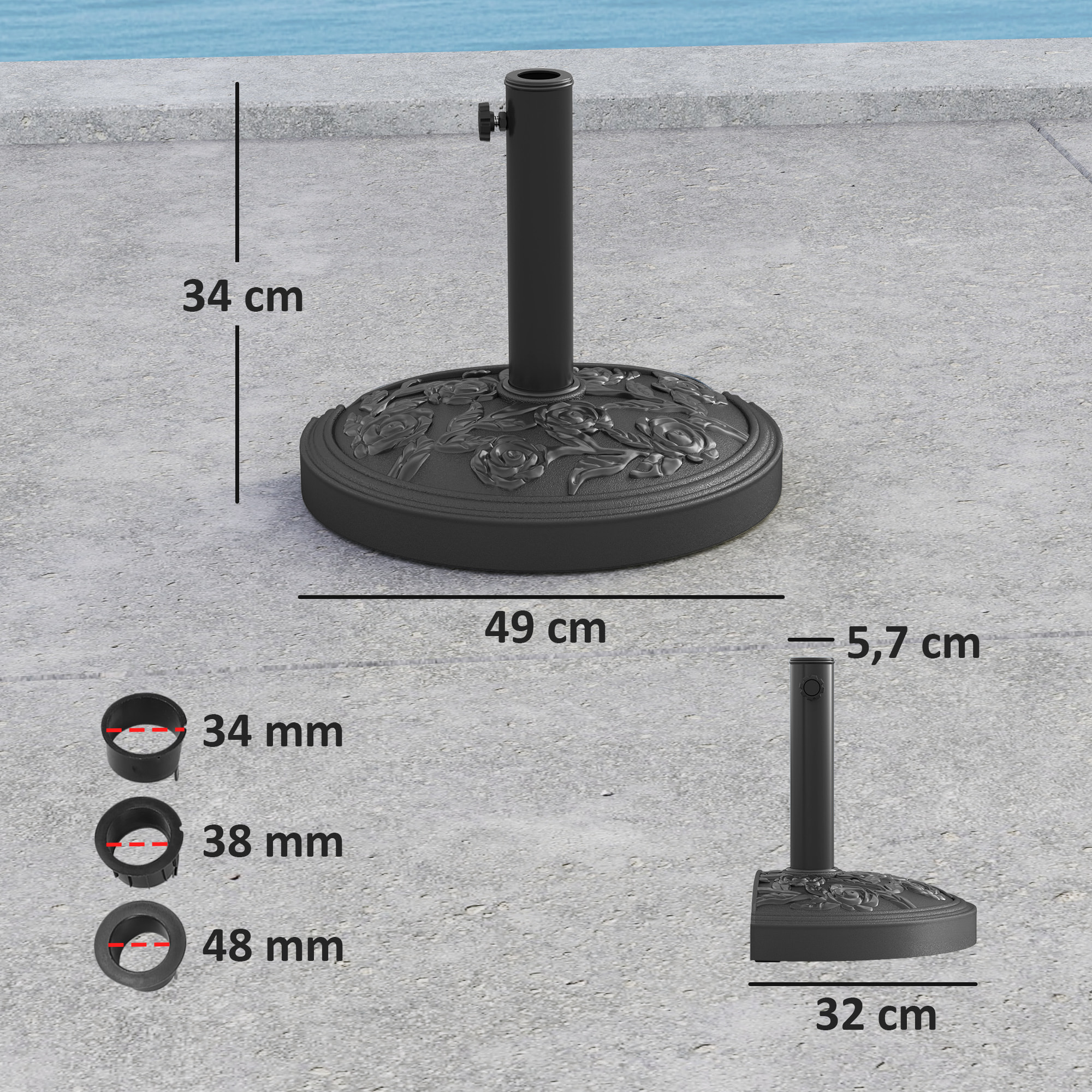 Base para Sombrilla Semicircular Soporte para Parasol Pie para Sombrilla con Relleno de Cemento Peso 12 kg para Jardín Terraza Negro