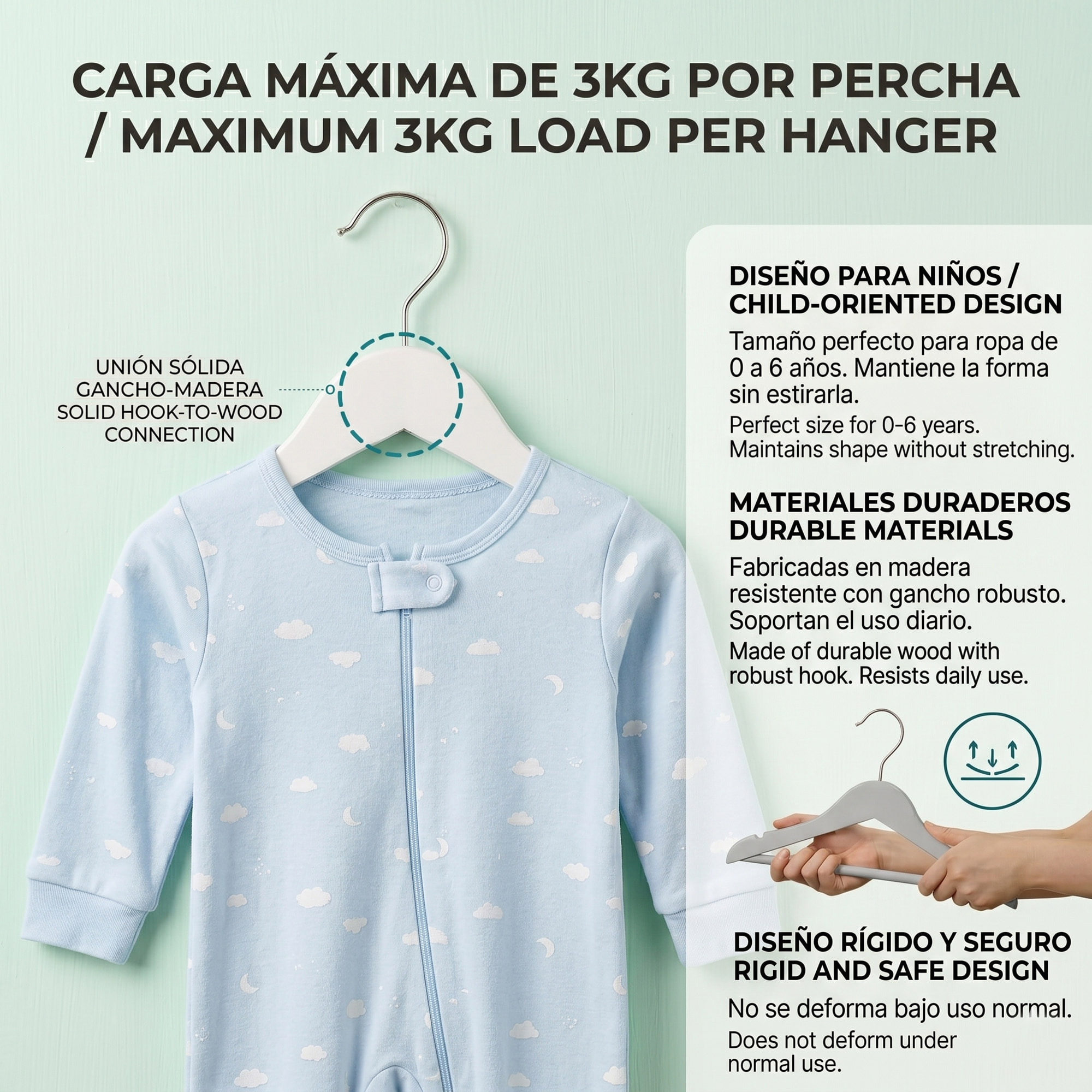 Set de perchas infantiles de madera con gancho metálico - Antideslizantes y resistentes - Color Blanco