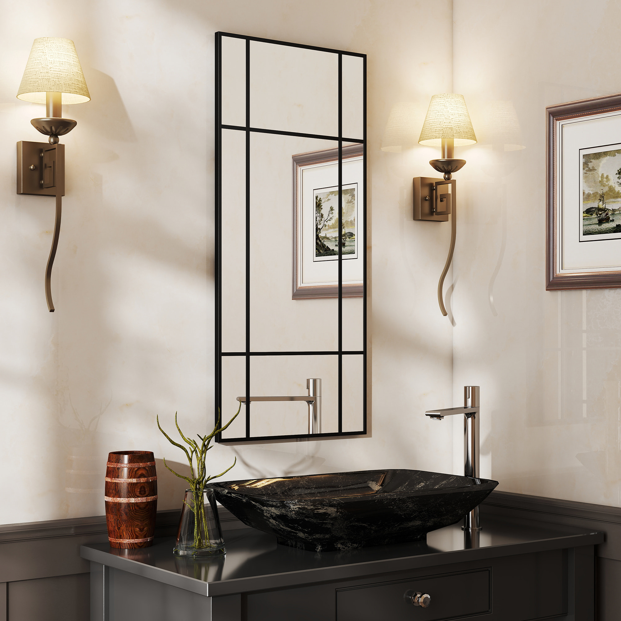 Miroir mural verrière rectangulaire - installation horizontal ou vertical - 4 crochets - dim. 110L x 50H cm - métal noir