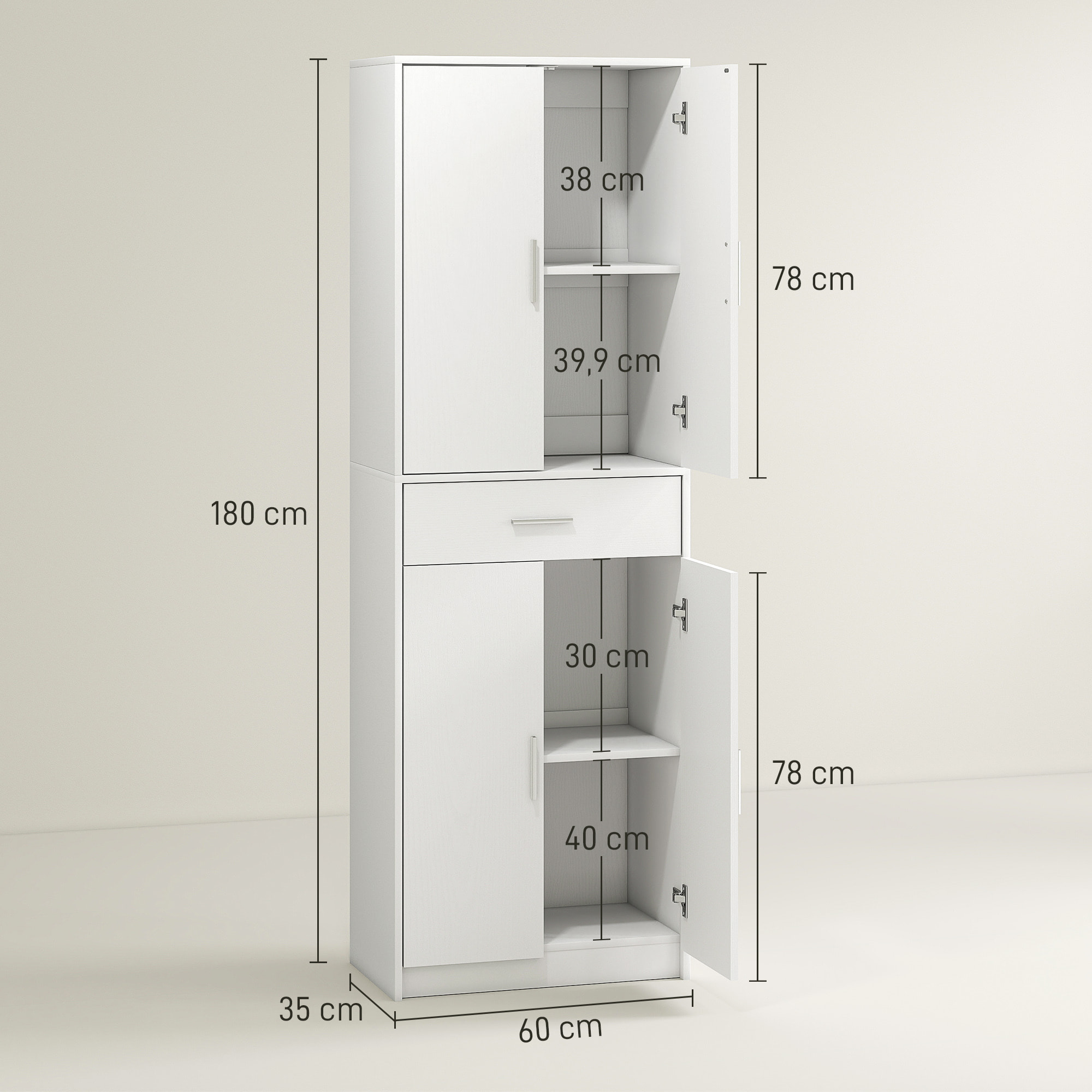 Armoire de cuisine multi-rangement - 4 portes, 2 étagères, tiroir - dim. 60 x 35 x 180 cm - effet bois blanc