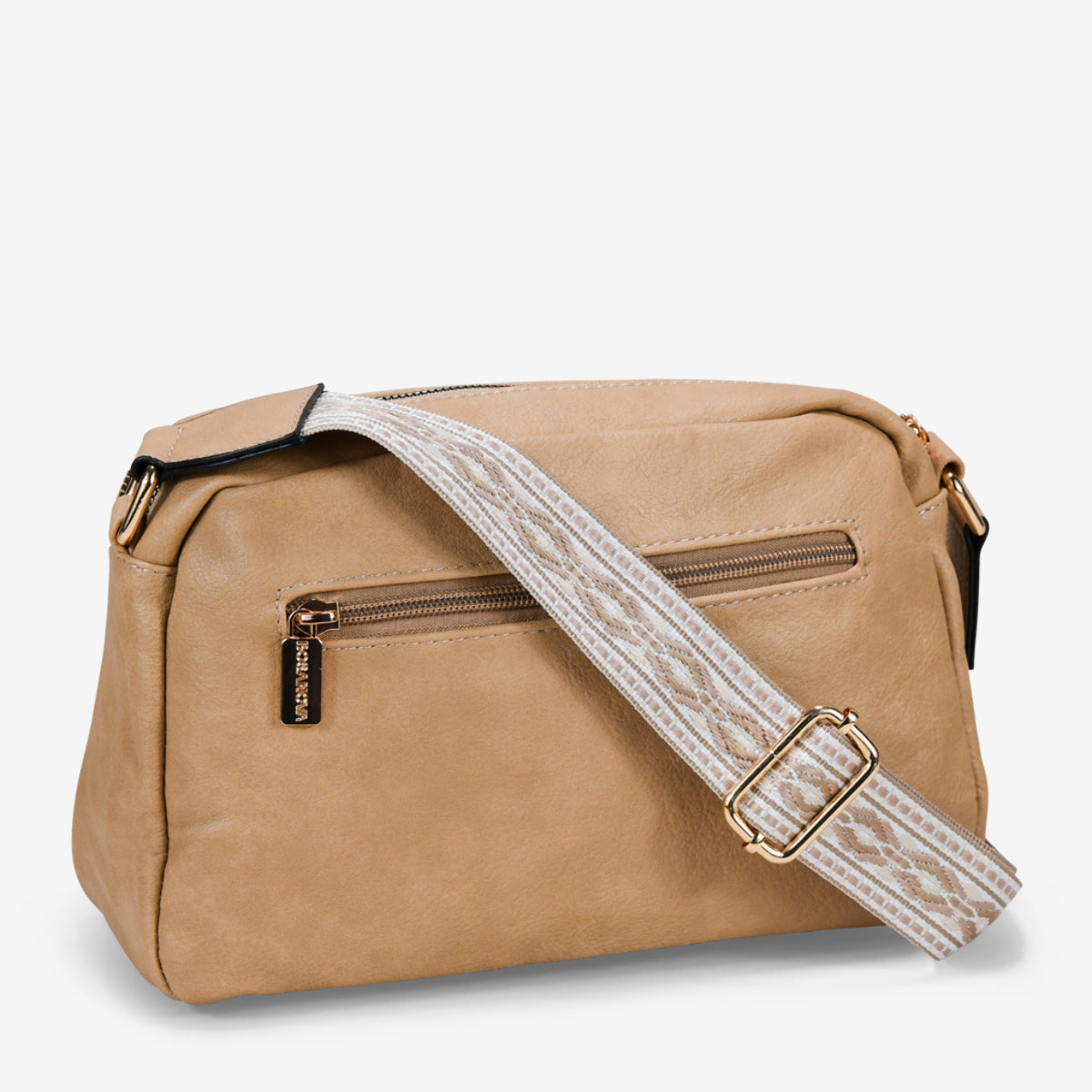 Bolso bandolera tostado con asa étnica