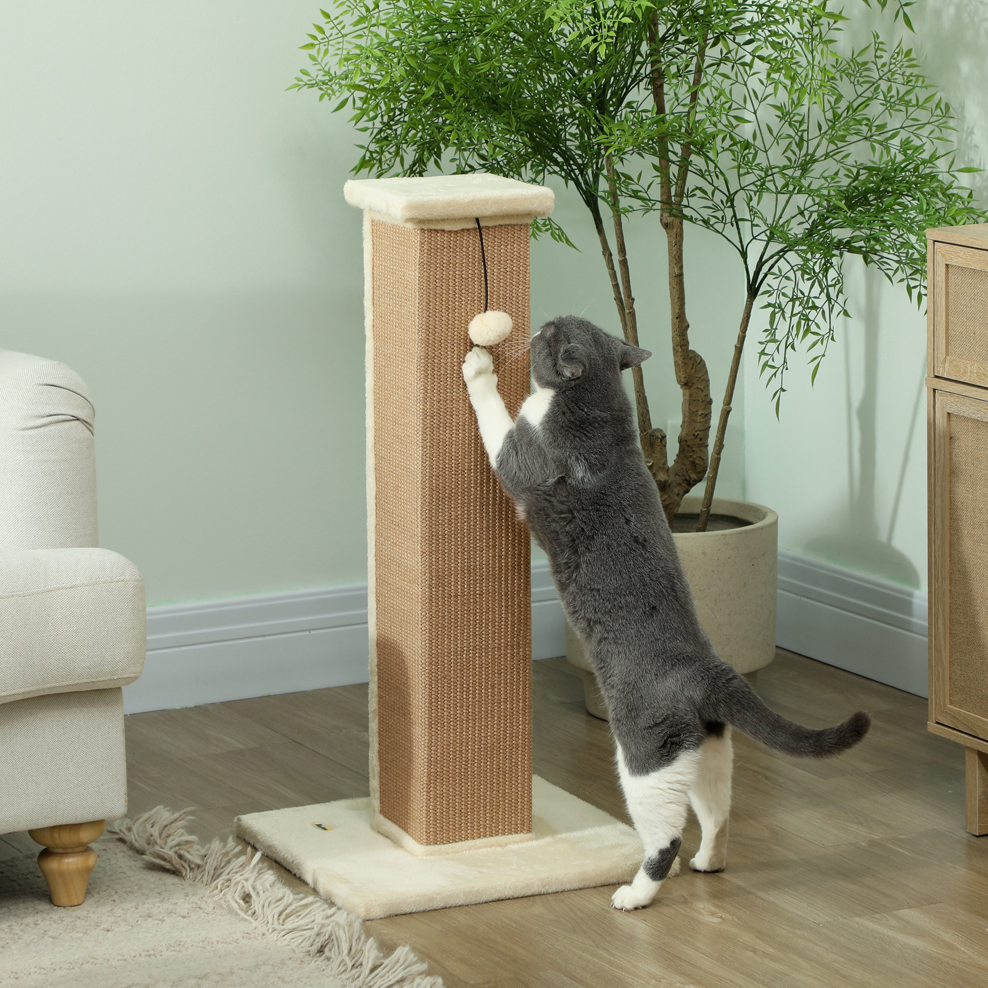 Griffoir tour pour chat H.81 cm - poteau à griffer avec jeu balle suspendue - peluche beige sisal naturel