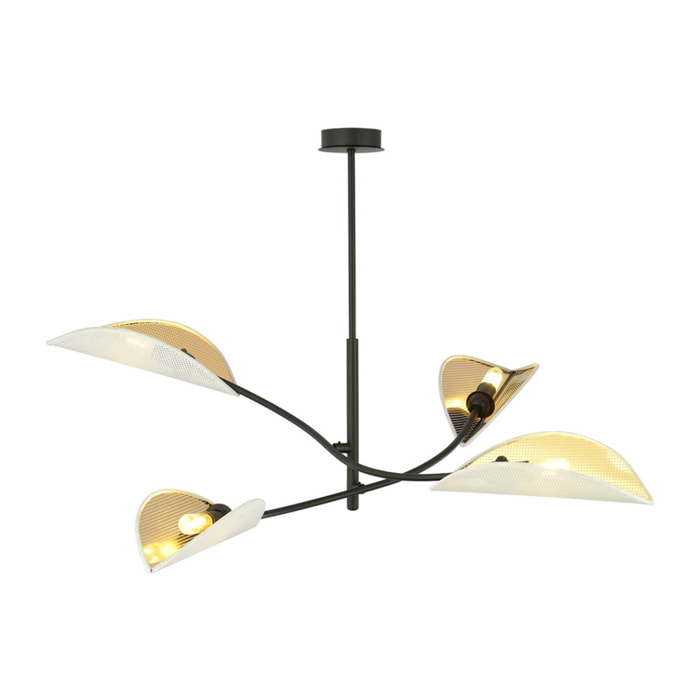 Lampada a sospensione Lotus in acciaio nero e paralumi bianco e oro