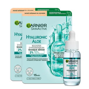 Garnier SkinActive Hyaluronic Aloe Routine Hydratante et Repulpante, Sérum, Gel Repulpant, Masque Tissu - Pour Peaux Sèches et S