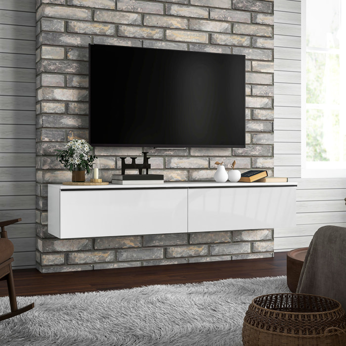 Meuble TV suspendu meuble TV flottant design façade blanc laqué 2 portes
