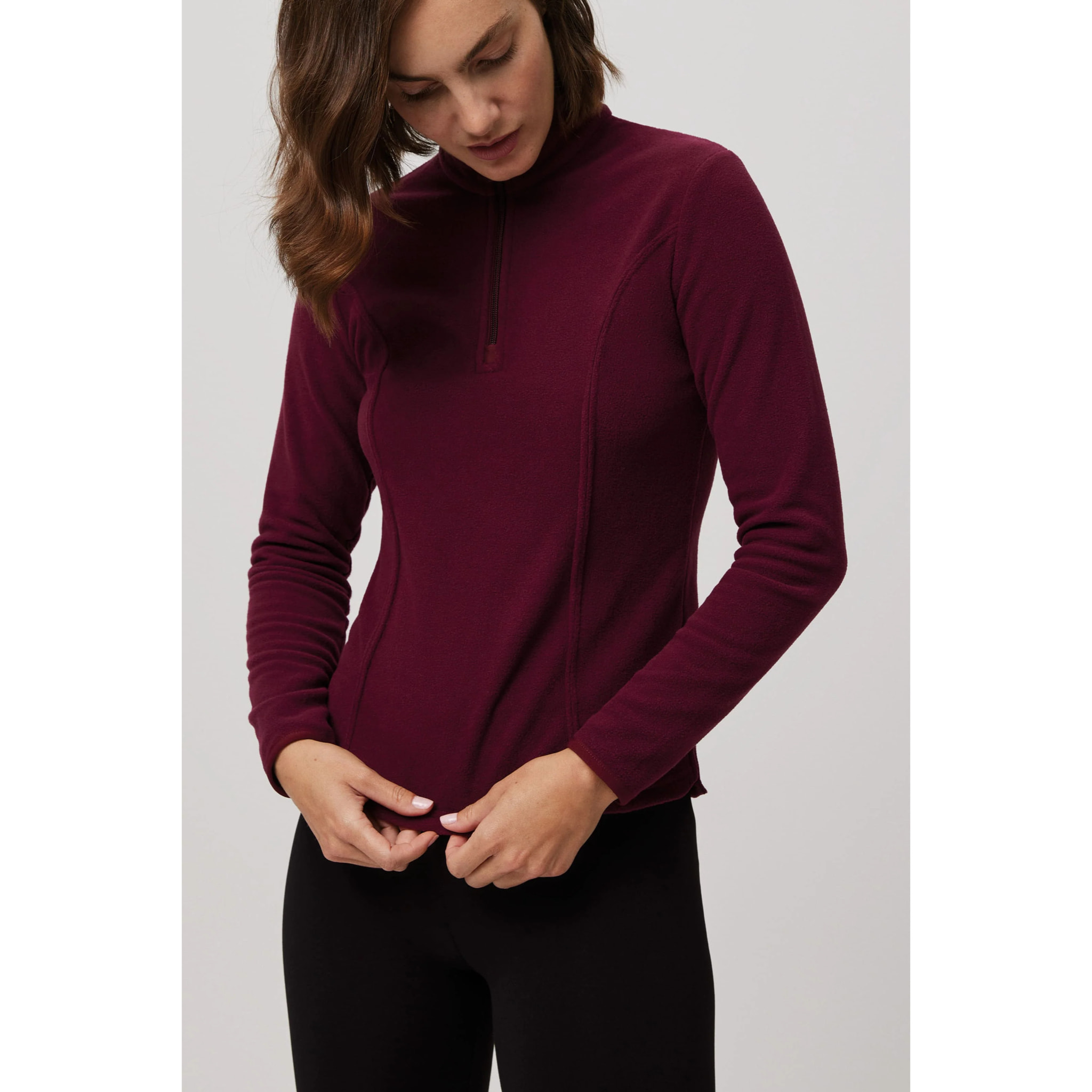 Pile da donna con mezza zip color bordeaux