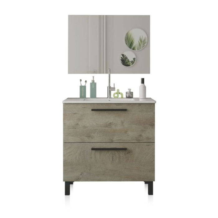 Mueble de baño con espejo Sense 2 cajones Roble Alaska
