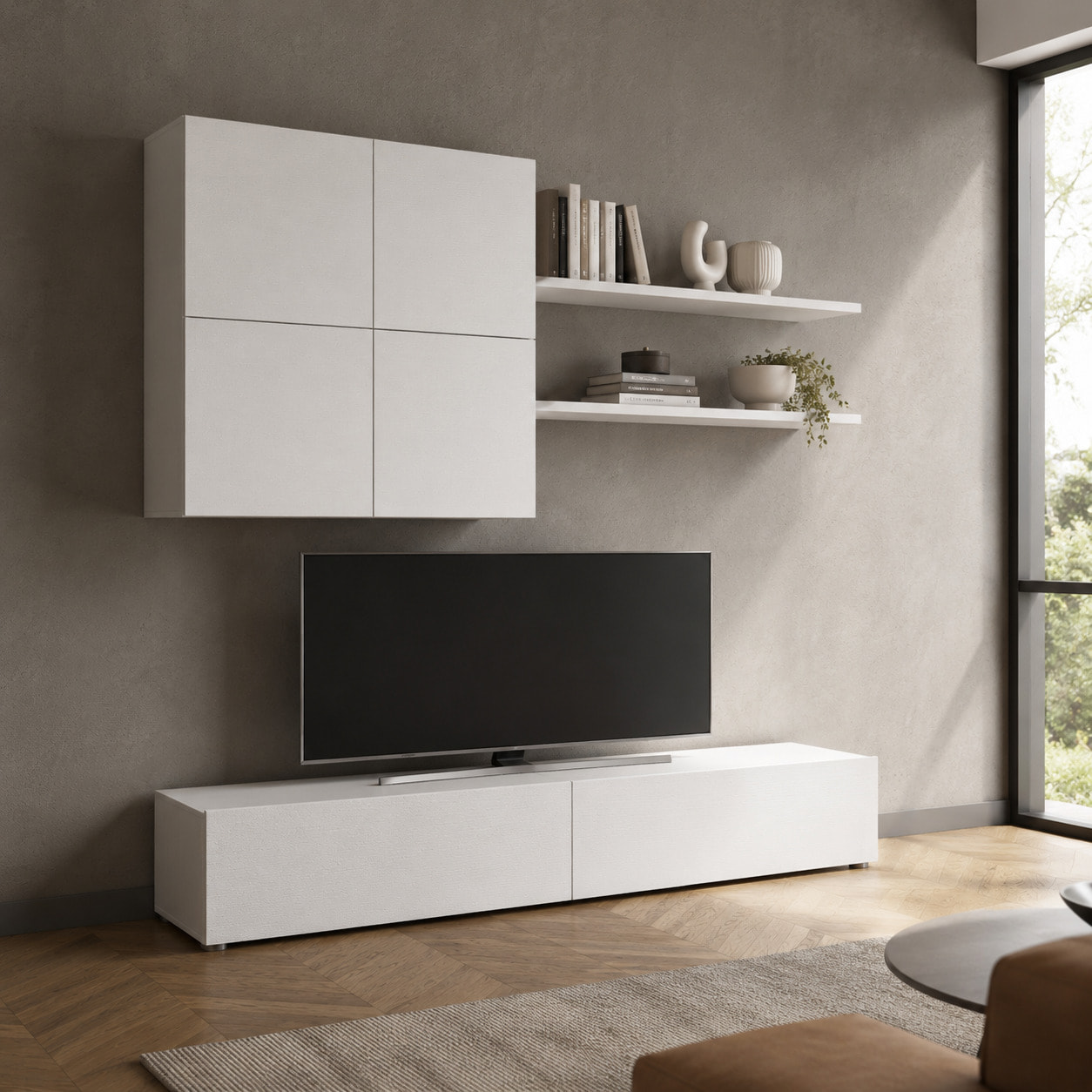 Parete Attrezzata Mobile Soggiorno Moderno Con Base TV 2 Ante Pensile 4 Ante e 2 Mensole Design Contemporaneo in Melaminico 200 x 194 x 40 cm Bianco