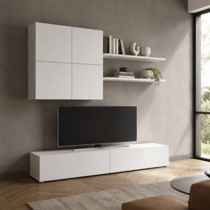 Parete Attrezzata Mobile Soggiorno Moderno Con Base TV 2 Ante Pensile 4 Ante e 2 Mensole Design Contemporaneo in Melaminico 200 x 194 x 40 cm Bianco