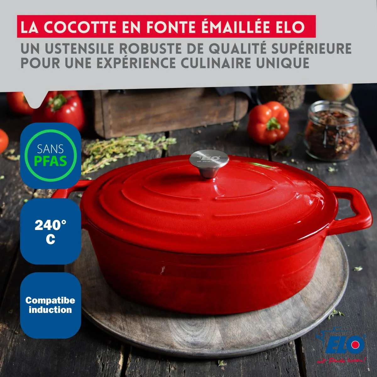 Cocotte en fonte émaillée 33 cm gris classique 5 L Elo