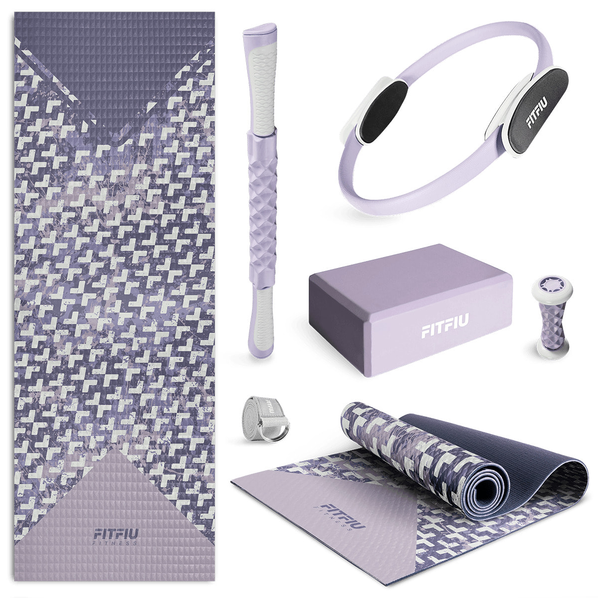 Pack accesorios yoga lila FITFIU esterilla, aro, bloque, barra, correa
