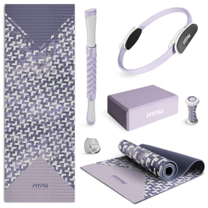 Pack accesorios yoga lila FITFIU esterilla, aro, bloque, barra, correa