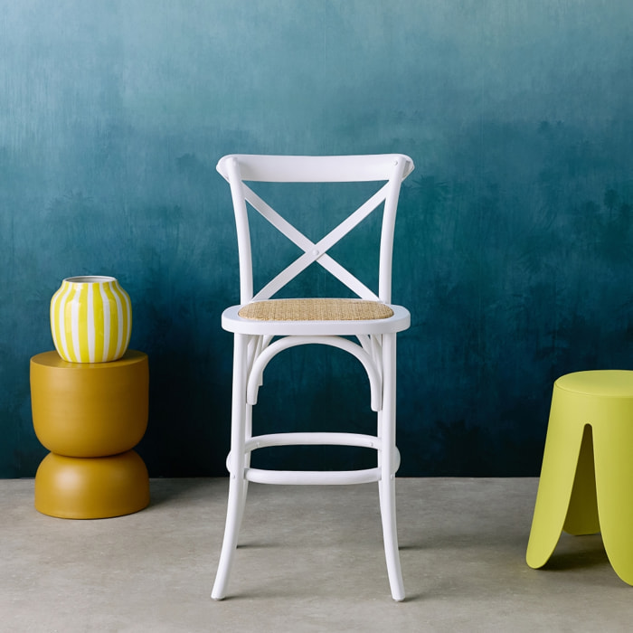 Tabouret de bar bistrot vintage en bois blanc avec repose-pieds