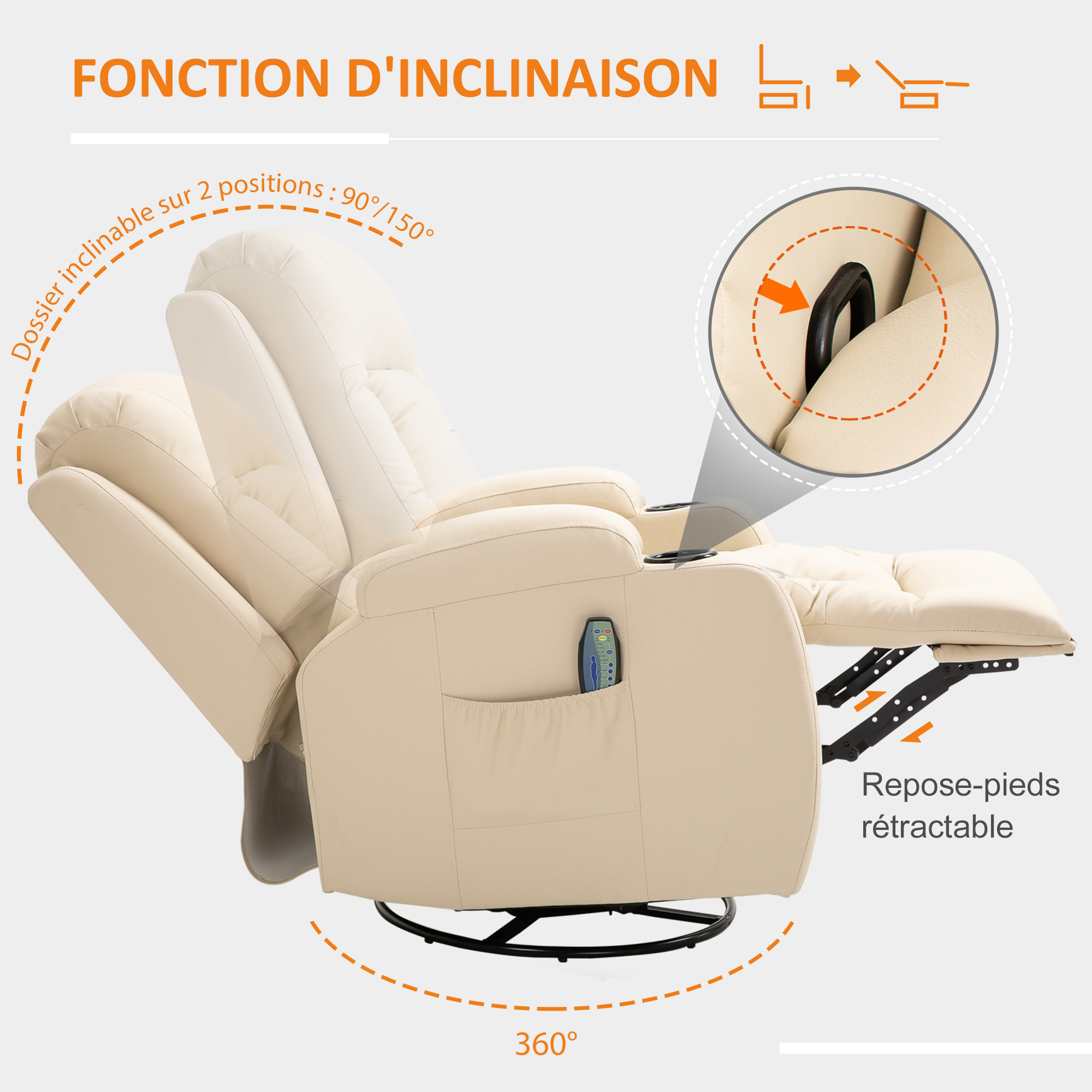 Fauteuil de massage et relaxation électrique chauffant inclinable manuellement repose-pied télécommande crème