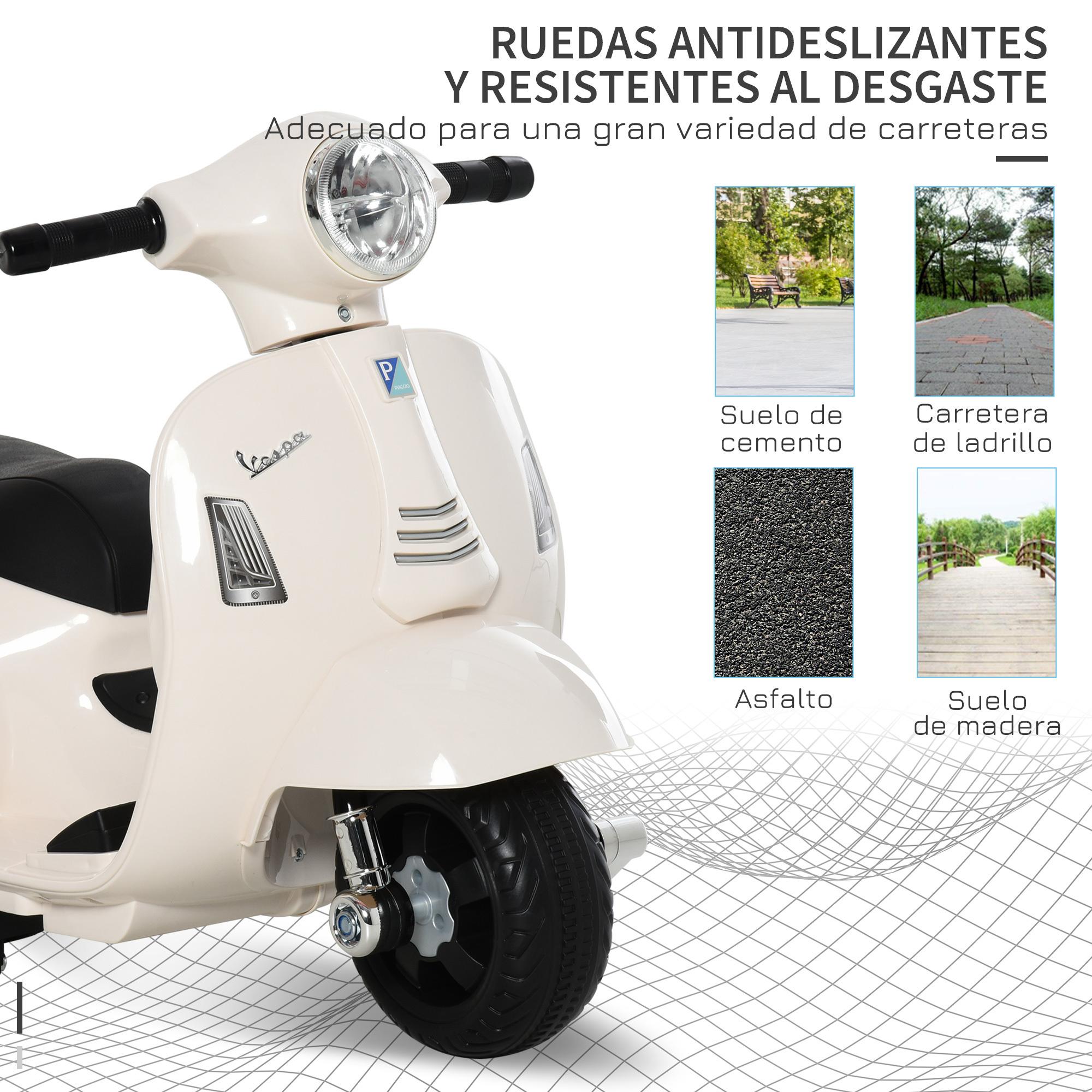 Moto Eléctrica Vespa para Niños de 18-36 Meses con Faro Bocina y 4 Ruedas Motocicleta Infantil con Licencia 66,5x38x52 cm Blanco