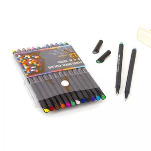 Set di 12 penne professionali COLOR FINELINER punta fine 0,4 mm. Colori definiti e brillanti per contorni, illustrazioni, mandala...