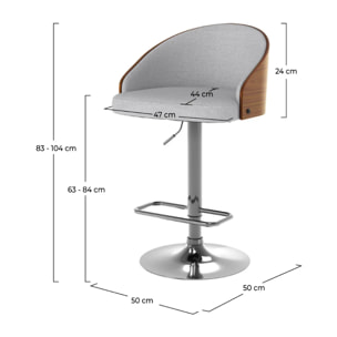 Chaise de bar réglable 63/84 cm en tissu gris clair - Carmelo