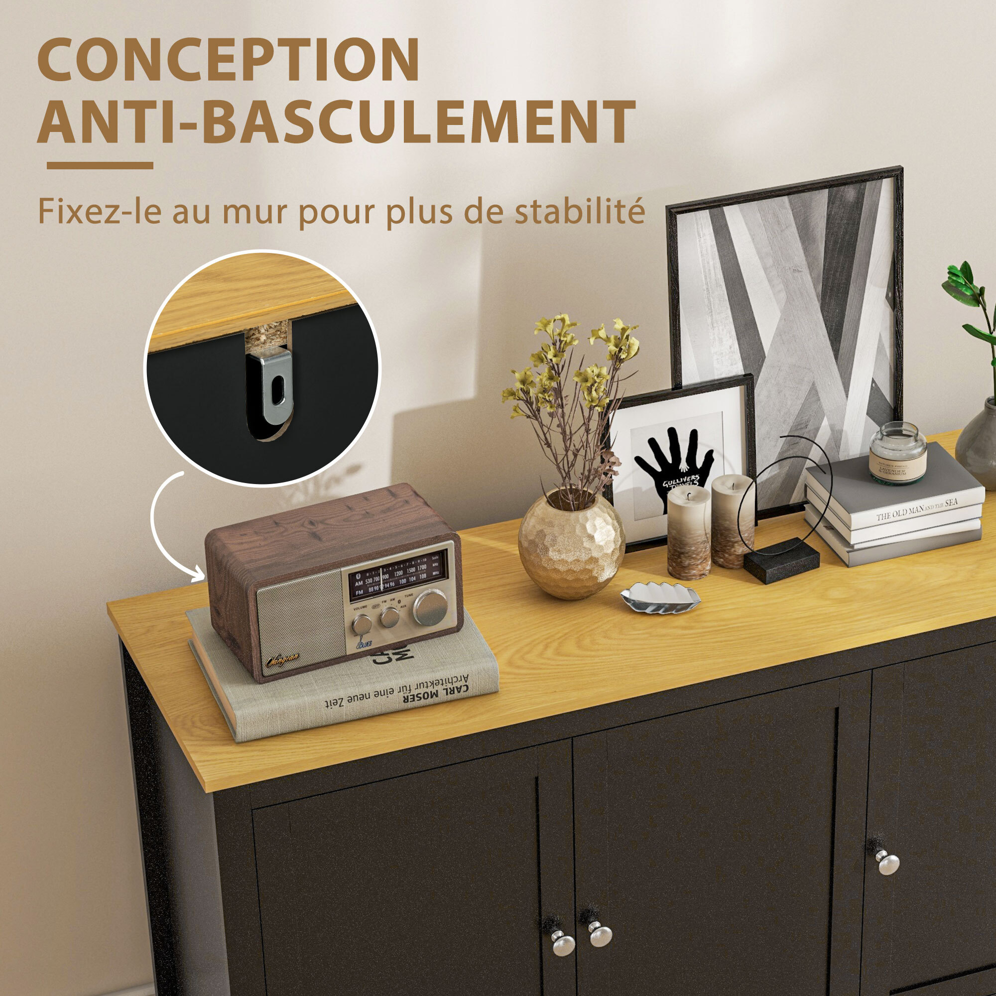 Buffet bas style classique chic - 3 portes, 2 étagères réglables - MDF panneaux noir aspect bois clair