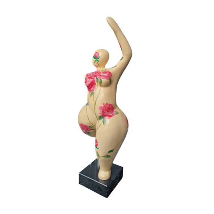 Statue femme ronde en résine beige & fleurs roses H60cm - BALERINA 03