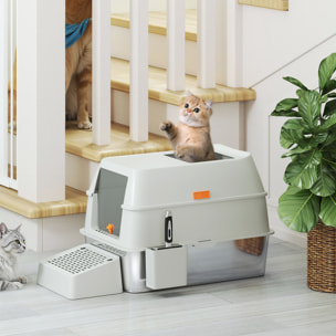 PawHut Arenero para Gatos Cubierto de Acero Inoxidable Caja de Arena para Gatos Arenero Cerrado para Gatos con Paso de Salida y Pala de Acero Inoxidable Gris Claro