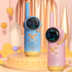 DAM Walkie Talkies infantiles D22, 1-3 km, pantalla a color, 99 códigos de grupo encriptados, luz LED. 2 unidades. Batería recargable. 4,5x4,5x14,3 Cm. Color: Rosa