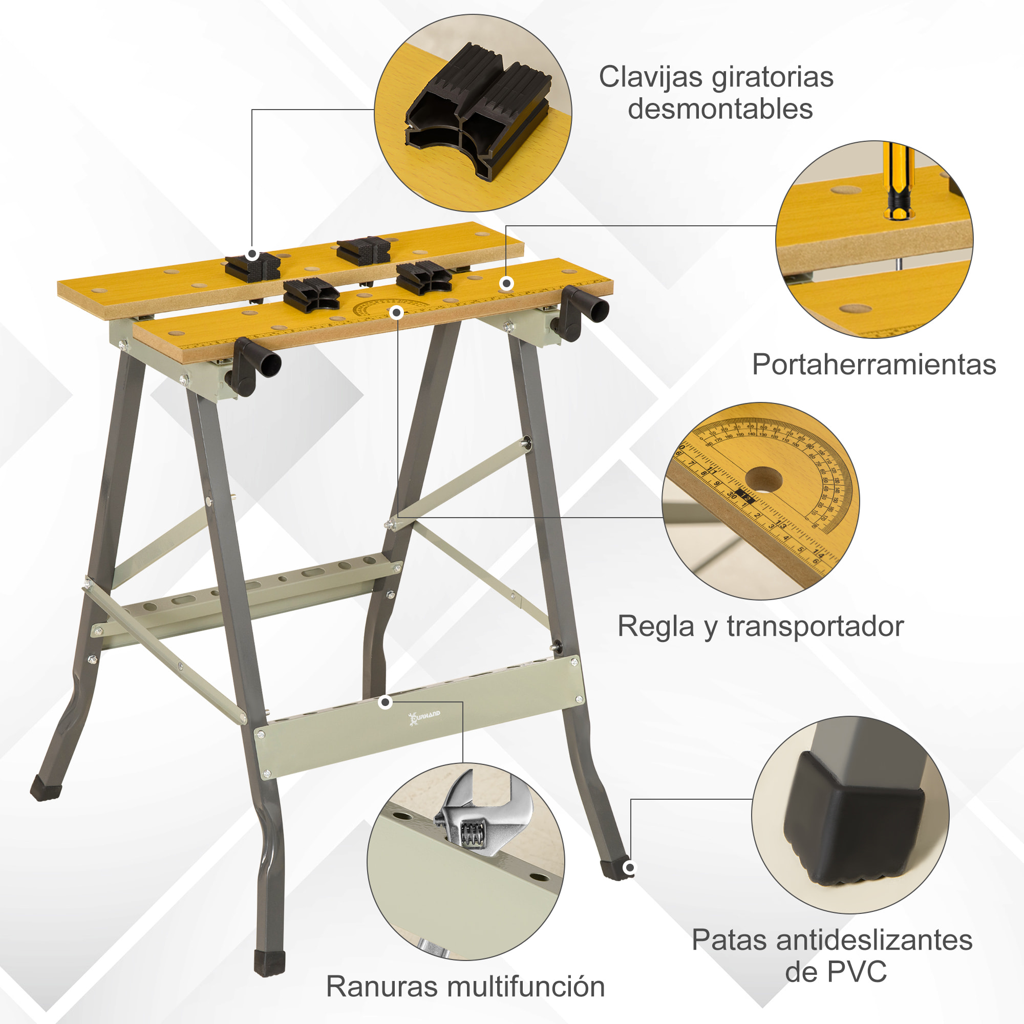 Banco de Trabajo Plegable, 4 en 1, Mesa de Trabajo con 4 Abrazaderas Ajustables, 2 Manivelas, 2 Paneles de MDF, para Garaje y Taller, Carga 100 kg, 62,5x60,5x78,5 cm, Natural y Gris