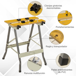 Banco de Trabajo Plegable, 4 en 1, Mesa de Trabajo con 4 Abrazaderas Ajustables, 2 Manivelas, 2 Paneles de MDF, para Garaje y Taller, Carga 100 kg, 62,5x60,5x78,5 cm, Natural y Gris
