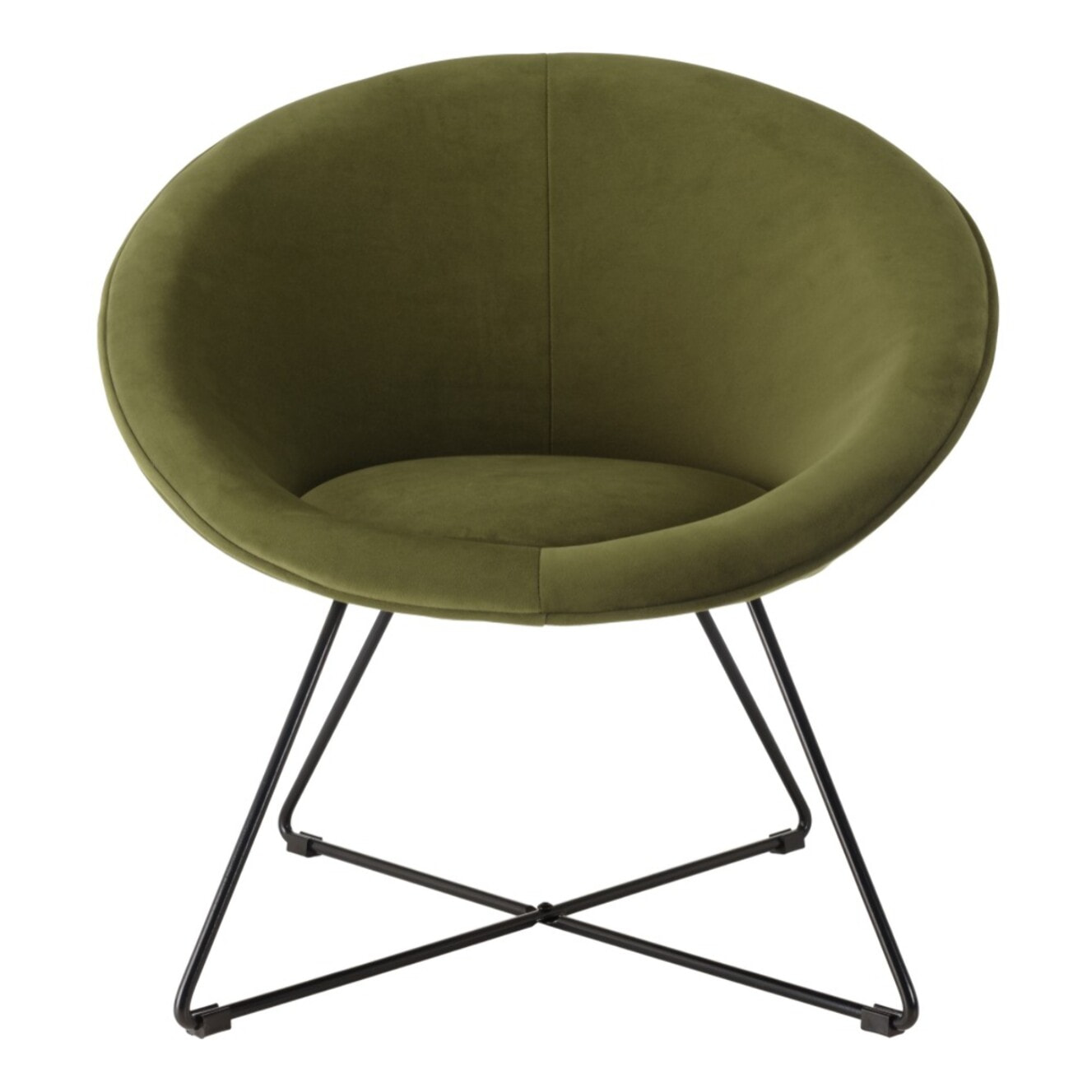 AGATHE - Fauteuil tissu velours vert olive pieds croisés métal noir