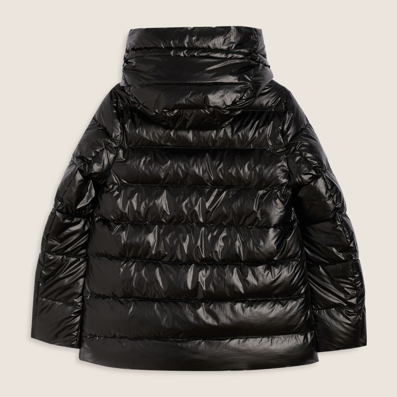 Piumino donna lucido con cappuccio protettivo e coulisse