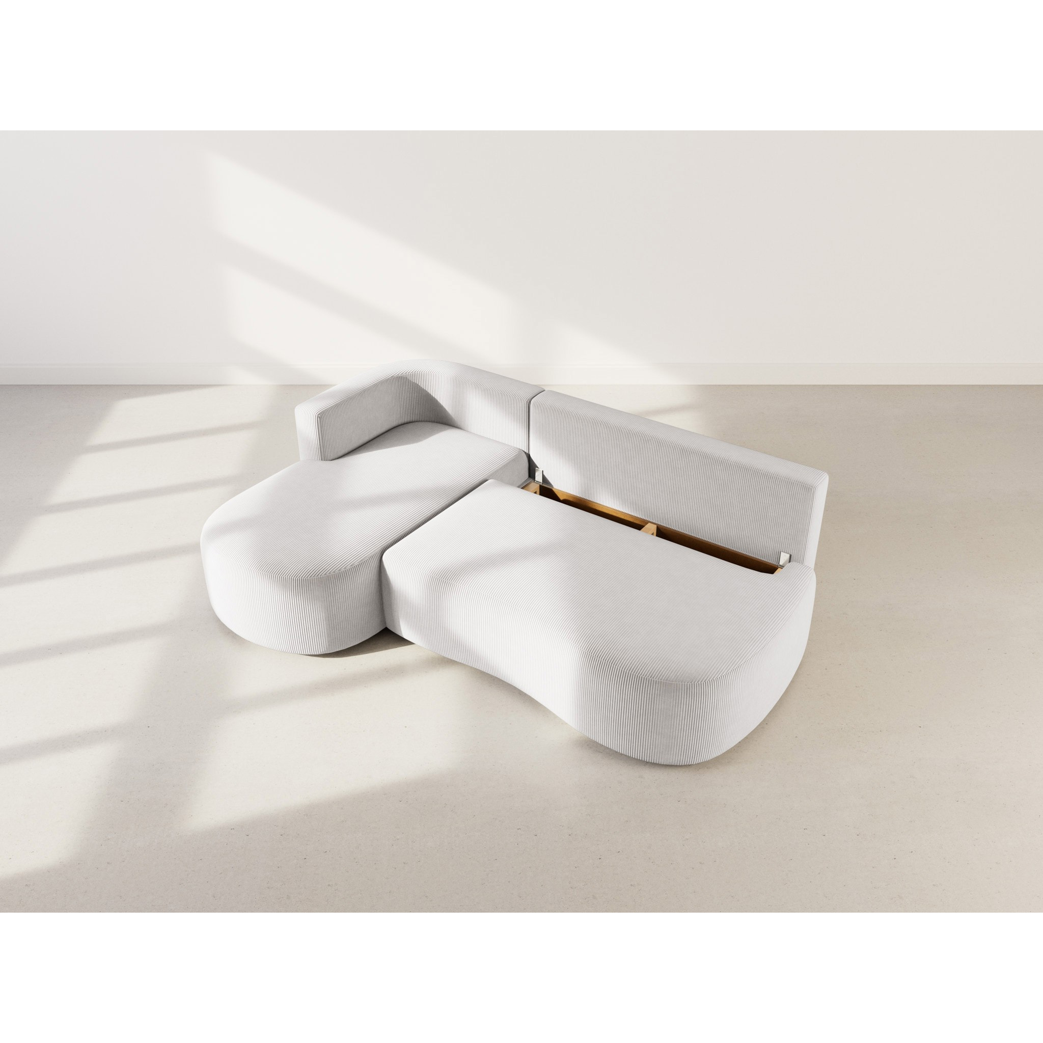 Mahina - canapé d'angle gauche 4 places convertible avec coffre en velours côtelé - Gris clair