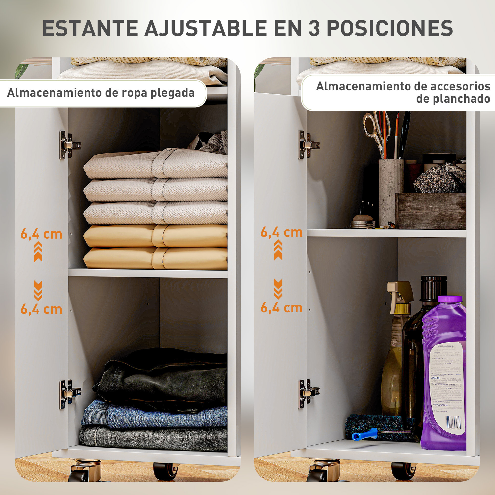 Mueble de Planchar con Ruedas y Soporte Lateral Mueble de Planchado con Tabla de Planchar Barra para Ropa Estante Ajustable 127,5x43,5x153 cm Blanco