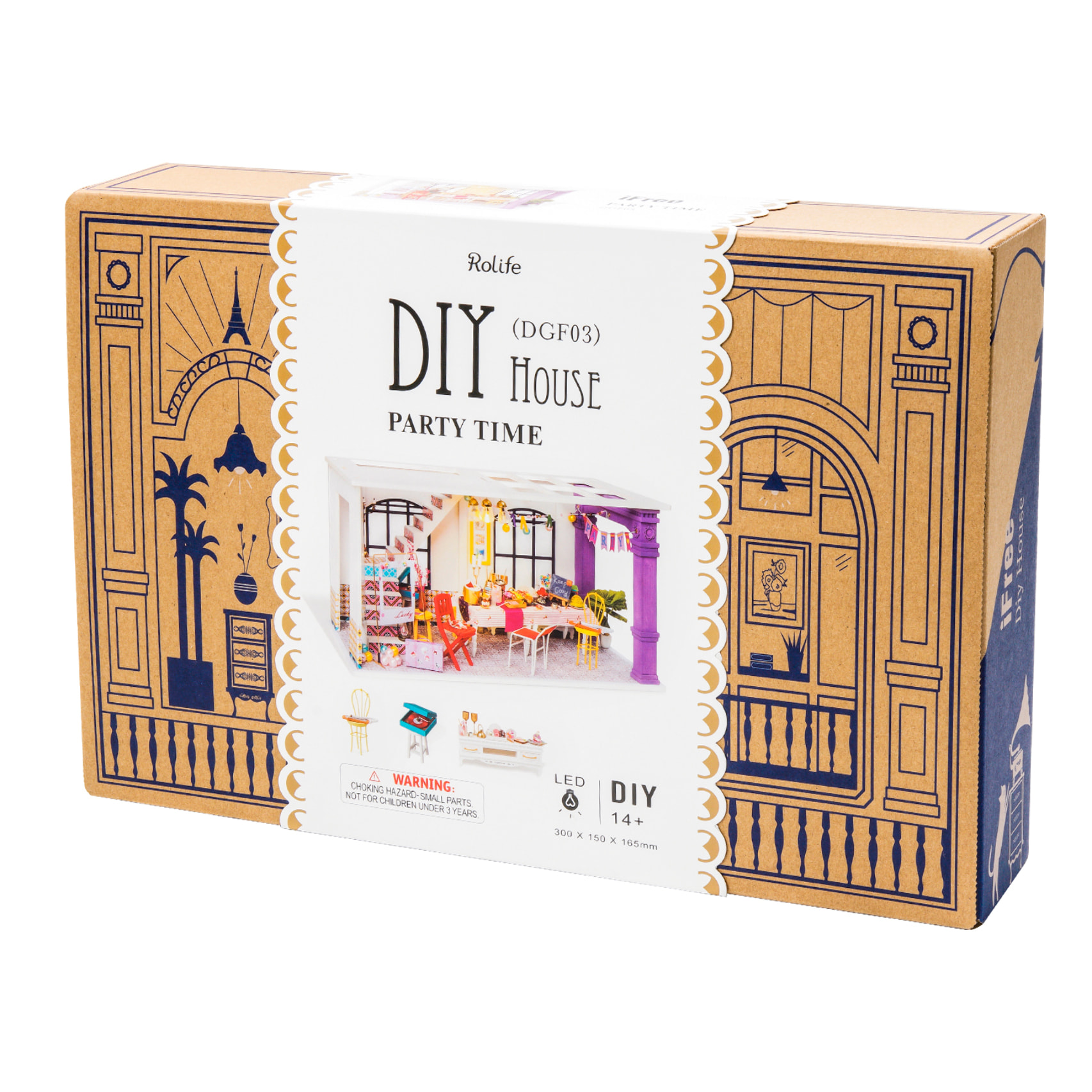 Tiempo de fiesta. Casa de muñecas maqueta de madera para pintar y montar.