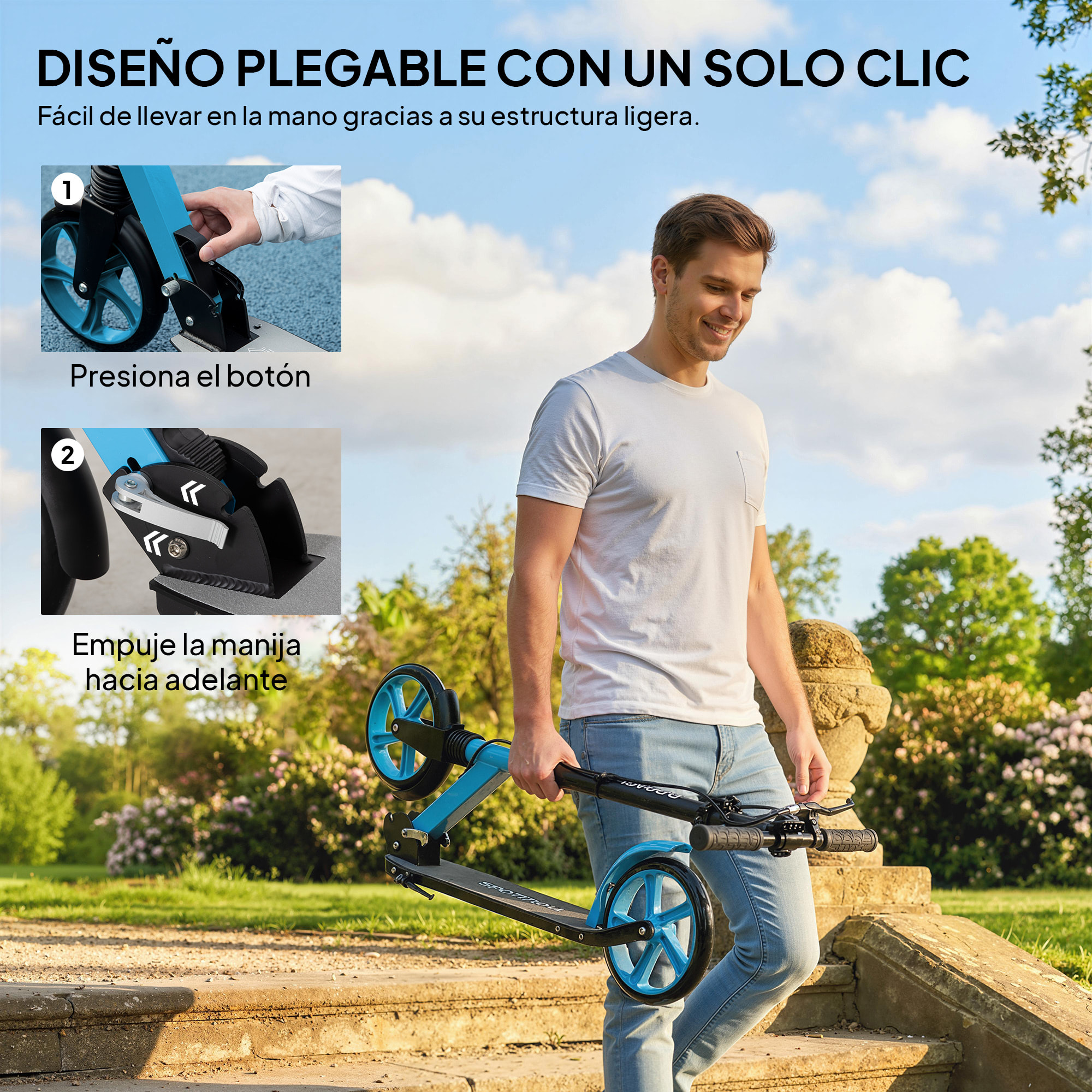 Patinete Plegable para Adultos y Niños de +14 Años Scooter Ligero con Manillar Ajustable Grandes Ruedas Ø200 mm Amortiguador y Freno Aluminio Carga 100 kg 91,5x36,5x91-104 cm Azul
