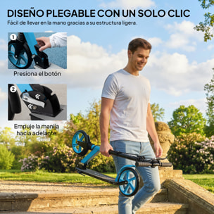 Patinete Plegable para Adultos y Niños de +14 Años Scooter Ligero con Manillar Ajustable Grandes Ruedas Ø200 mm Amortiguador y Freno Aluminio Carga 100 kg 91,5x36,5x91-104 cm Azul