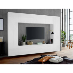 Parete attrezzata da soggiorno, Made in Italy, Base porta TV e pensili e scaffali, Set salotto moderno, cm 260x30h180, colore Bianco lucido