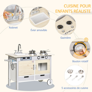 Cuisine desserte pour enfant 2 en 1 multi-équipement avec 5 accessoires acier inox. MDF aspect bois clair gris