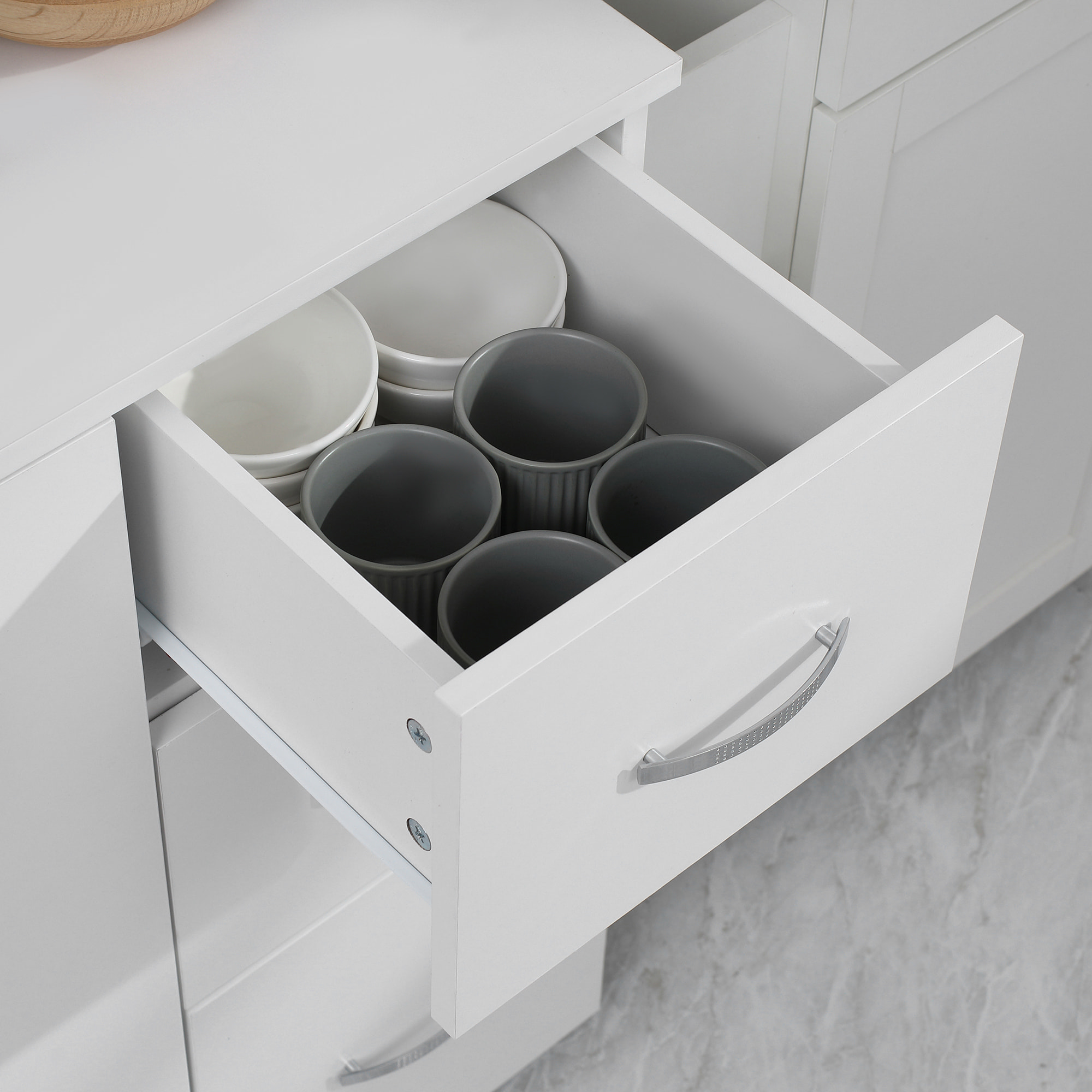 Armoire de Cuisine Buffet Multi-rangements 4 Portes 3 tiroirs étagère + Grand Plateau 89L x 39,5l x 168H cm Blanc