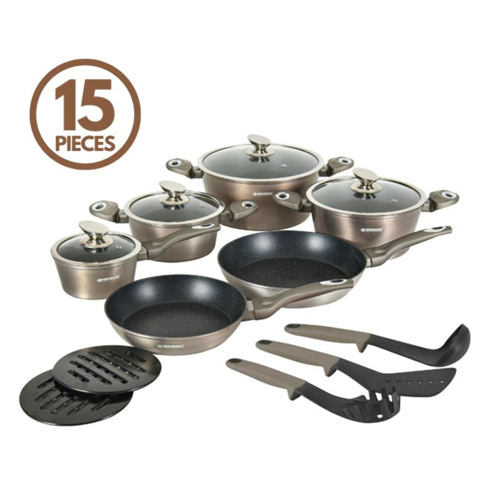 Batterie de cuisine 15 pièces avec revêtement en marbe Carbone Herzberg HGMETCR15-CAR