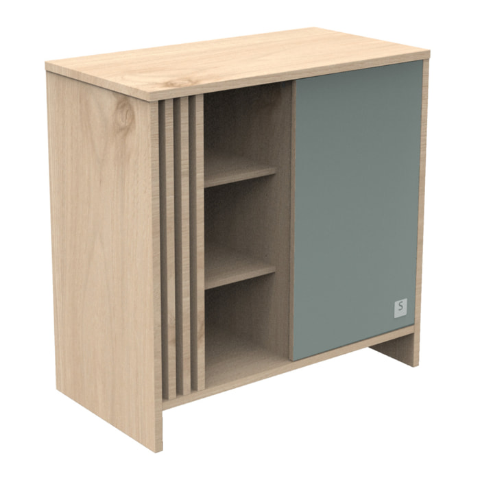 Commode 1 porte colorée et 3 niches avec claustra en bois décor chêne Suave