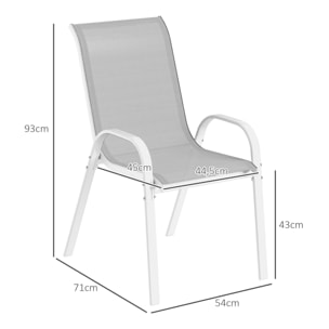 Juego de 4 Sillas de Jardín Exterior Sillas Terraza Exterior Apilables Sillas de Jardín con Tela Transpirable Marco de Acero Reposabrazos y Respaldo 54x71x93 cm Gris y Blanco