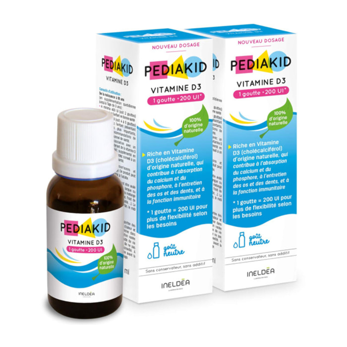 PEDIAKID - Vitamine D3 - 100% d'origine naturelle - Renforcement des défenses naturelles - Dès la naissance - Couvre 200% des apports journaliers recommandés - Lot de 2 produits