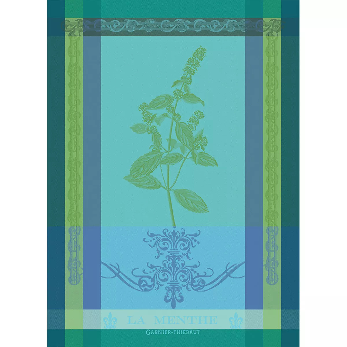 Torchon pur coton motif jacquard bleu vert Brin de menthe chlorophylle