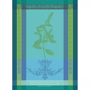 Torchon pur coton motif jacquard bleu vert Brin de menthe chlorophylle
